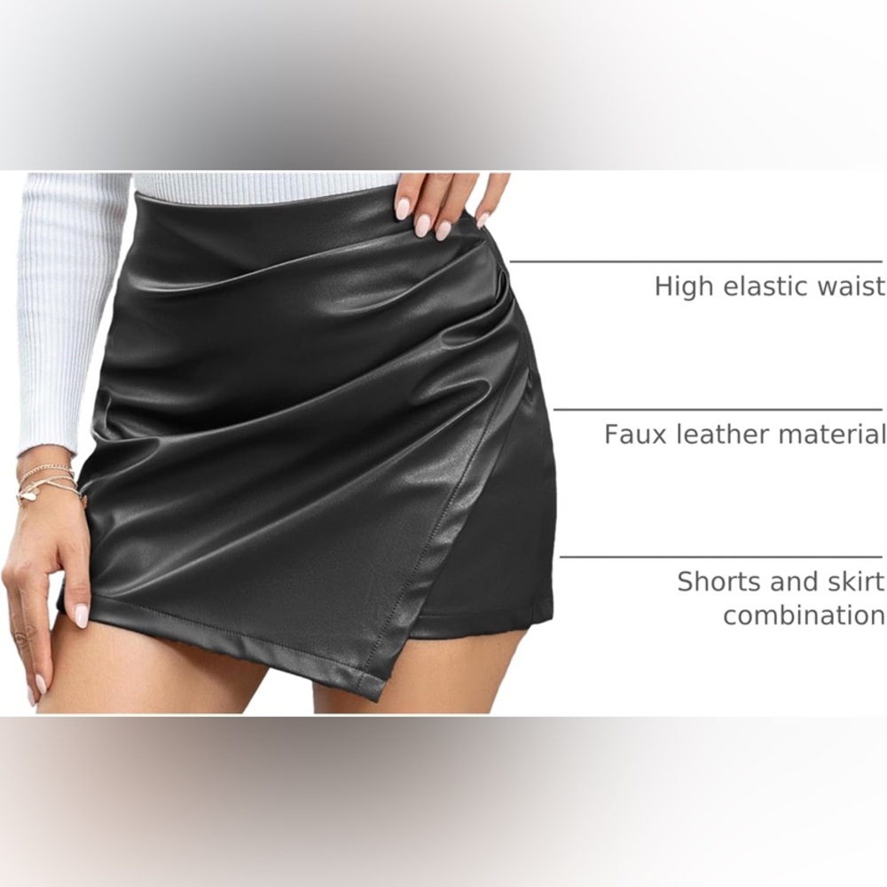 We1Fit Faux Leather Skorts for Women High Waisted PU Leather Shorts Elastic Wrap - Picture 3 of 4